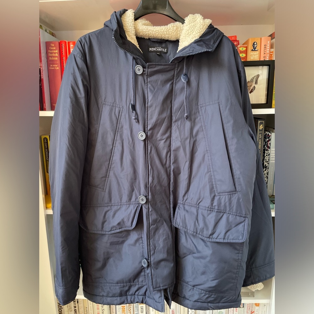 J Crew Mercantile navy puffer jacket with shearling lined hood